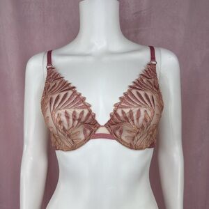 Iris Van Herpen Aubade Paris Womens Red Gold Mesh Unlined Bra Size 34B Floral